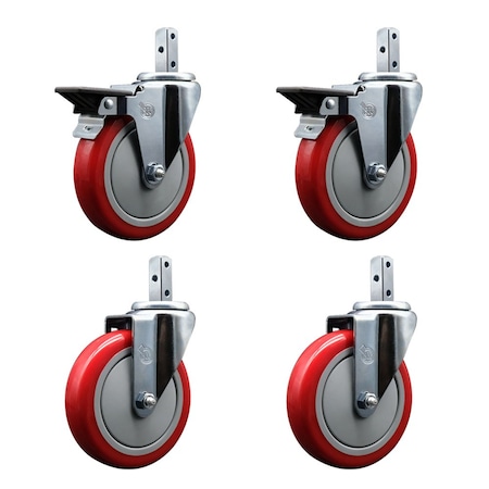 Service Caster 5'' Red Polyurethane Wheel Swivel 7/8'' Square Stem Caster Set 2 Brakes, 4PK SCC-SQ20S514-PPUB-RED-PLB-78-2-S-2
